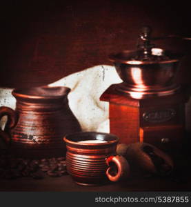 Coffee still life in rustic style with scratched texture overlay