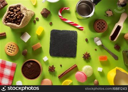 coffee, tea and cacao ingredients at colorful background