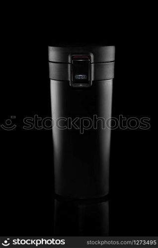 coffee thermos mug blank on black background, isolated