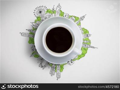 Coffee time. Conceptual image of cup of coffee against sketch background