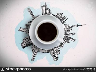 Coffee time. Conceptual image of cup of coffee against sketch background