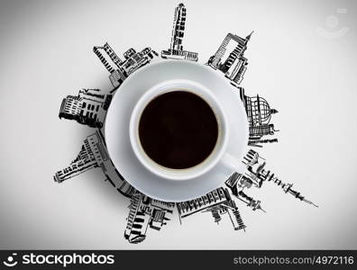 Coffee time. Conceptual image of cup of coffee against sketch background