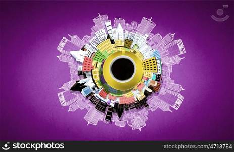 Coffee time. Top view of cup of coffee on color background