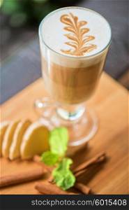 coffee with ginger . coffee with ginger cinnamon and mint closeup