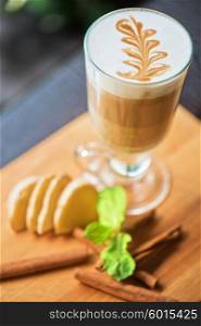 coffee with ginger . coffee with ginger cinnamon and mint closeup