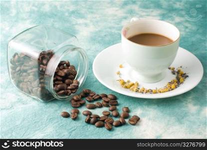 Coffee with glass jar on special retro background