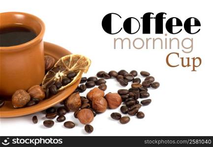 Coffee with ingredients on white background