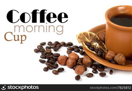 Coffee with ingredients on white background