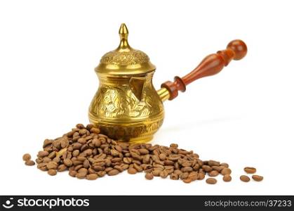 coffeepot and coffee beans isolated on white background