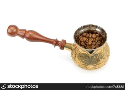Coffeepot and coffee beans isolated on white background.