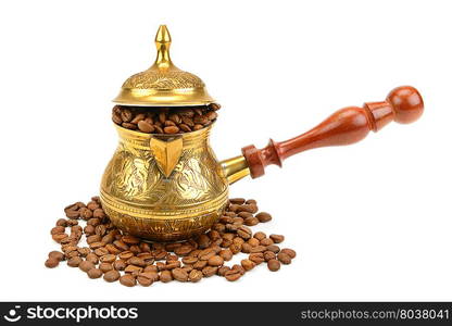 coffeepot and coffee beans isolated on white background