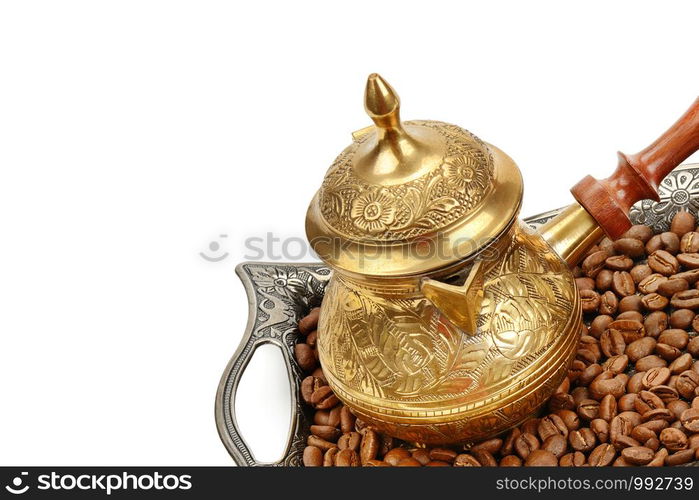 Coffeepot and coffee beans isolated on white background. Free space for text.