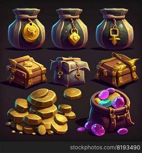 coin game treasure bag ai generated. cash old, wealth full, pirate currency coin game treasure bag illustration. coin game treasure bag ai generated