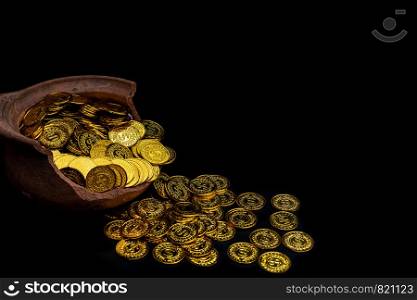 Coin gold in lady hand on lots stacking golden coins in broken jar white background, Money stack for business planning investment and saving future concept