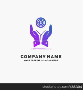 coin, hand, stack, dollar, income Purple Business Logo Template. Place for Tagline.. Vector EPS10 Abstract Template background