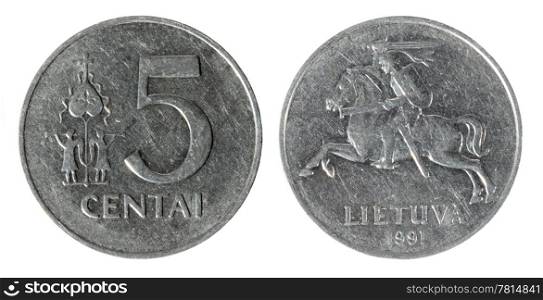 Coin Lithuania lit, cent on the white background (1991 year)