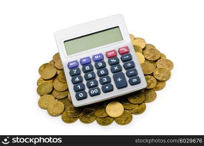 Coins and calculator on white