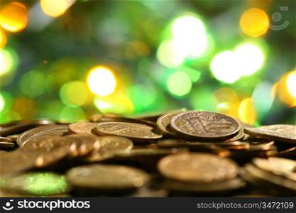 coins and colored bokeh on background