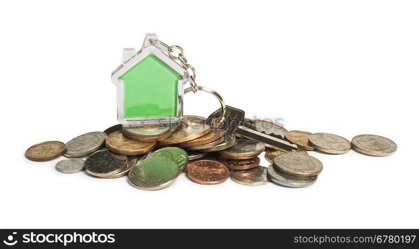Coins and green house key ring. White isolated studio shot