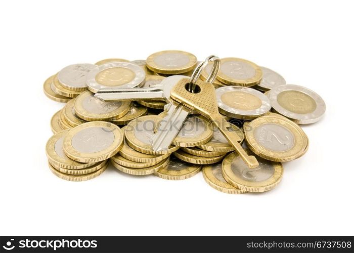 coins and house keys isolated on white background