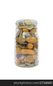 Coins and peanuts in glass jar savings for retirement isolated