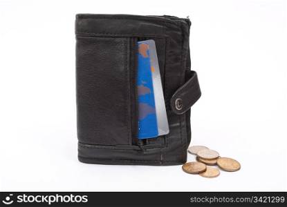 Coins and plastic cards in black wallet