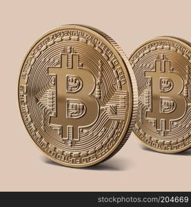 Coins bitcoin gold virtual crypto currency. Coins bitcoin standing on a beige background. Conceptual image for worldwide cryptocurrency and digital payment system. Can be used for video or site cover. Coins bitcoin gold virtual crypto currency