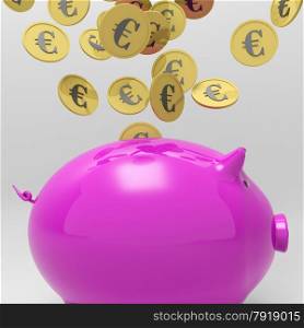 Coins Entering Piggybank Showing European Loan Or Deposits