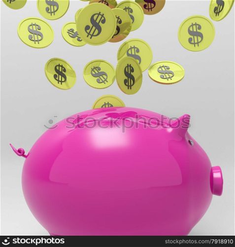 Coins Entering Piggybank Shows Money Saving And Investing