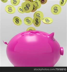 Coins Entering Piggybank Shows Money Saving And Investing