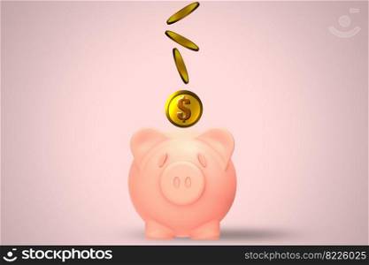 Coins falling to piggy saving for financial and money deposit concept, 3d rendering