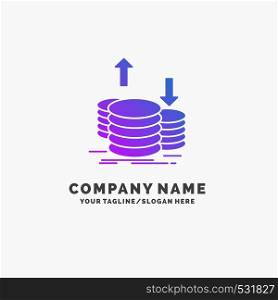 coins, finance, capital, gold, income Purple Business Logo Template. Place for Tagline.. Vector EPS10 Abstract Template background
