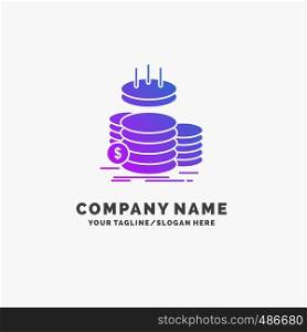 coins, finance, gold, income, savings Purple Business Logo Template. Place for Tagline.. Vector EPS10 Abstract Template background