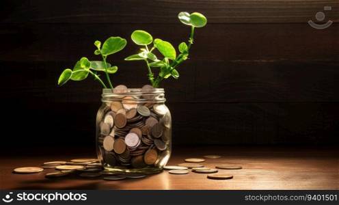 Coins in a glass jar and green plant on wooden background.