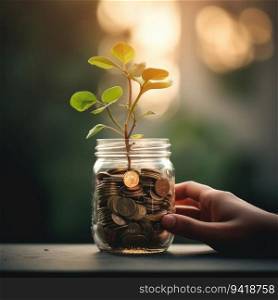 Coins in a glass jar with a tree growing on it. Saving money concept.