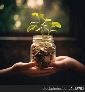 Coins in a glass jar with a young plant on the background of the window