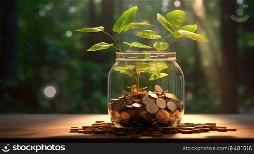 Coins in glass jar with plant on wooden table. Saving concept