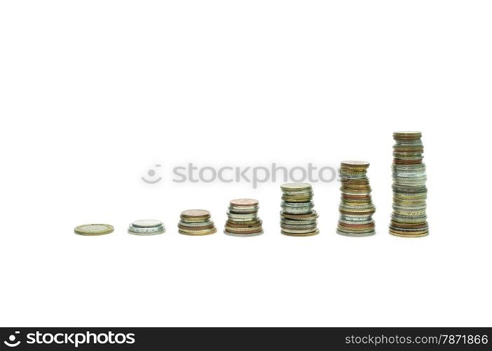 coins increasing stacks ladder over white background