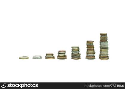 coins increasing stacks ladder over white background