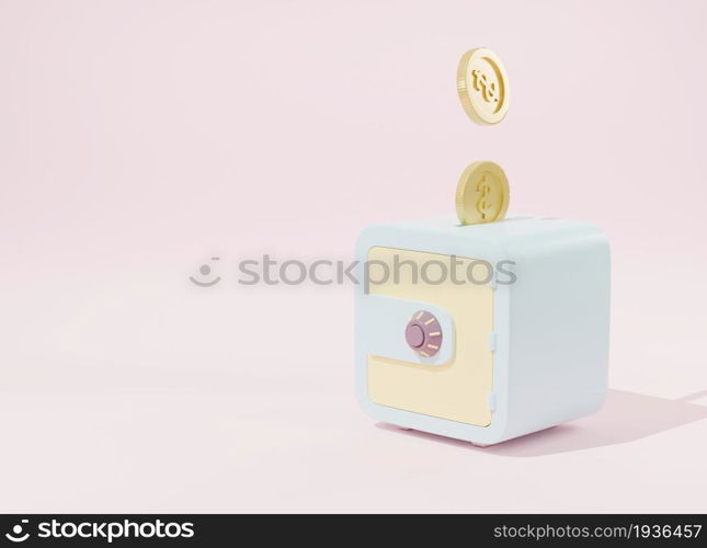 Coins money being put into isometric safe box on pink background, Finance safety protection and savings concept, Business digital security banking online, 3D Rendering illustration