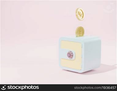 Coins money being put into isometric safe box on pink background, Finance safety protection and savings concept, Business digital security banking online, 3D Rendering illustration