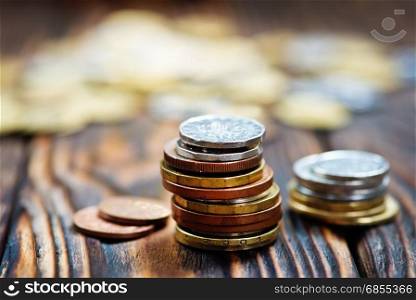 coins on a table, money on wooden table, stock photo