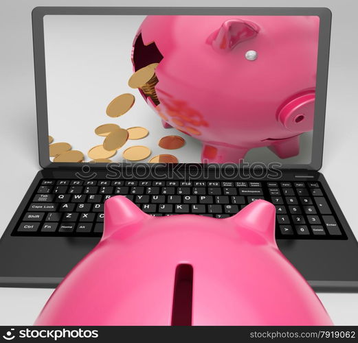 Coins Piggy Laptop Showing Banking Financial Success