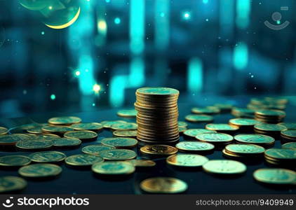 Coins stacked on each other in different positions with bokeh background