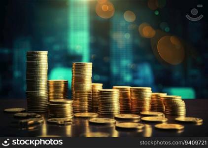 Coins stacked on each other with bokeh background, business concept