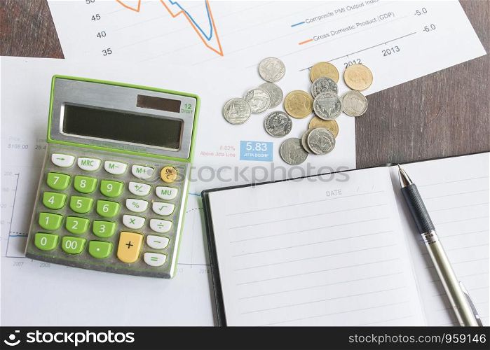 Coins stacked with calculator and pen and note book on financial graph paper, business concept.