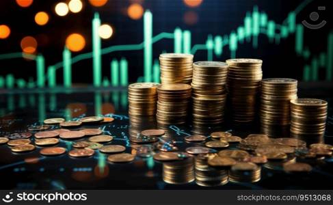 Coins stacks and stock market graph on LED background, business and financial concept idea.