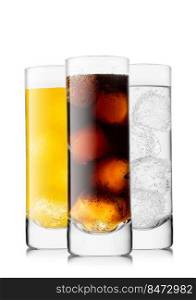 Cola soda drink with lemonade and orange soda with ice and bubbles.
