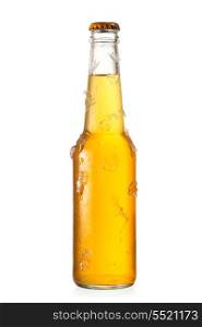 cold bottle of beer with ice on white background