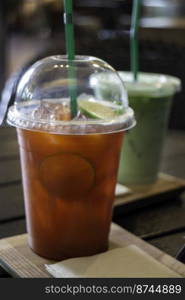 Cold brew tea or black tea with lemon, stock photo